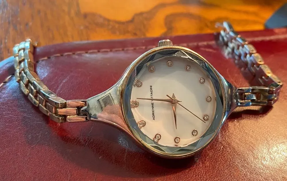 Women's 35mm Adrienne Vittadini Watch, Gold Tone, MOP Face, Crystal Time Markers
